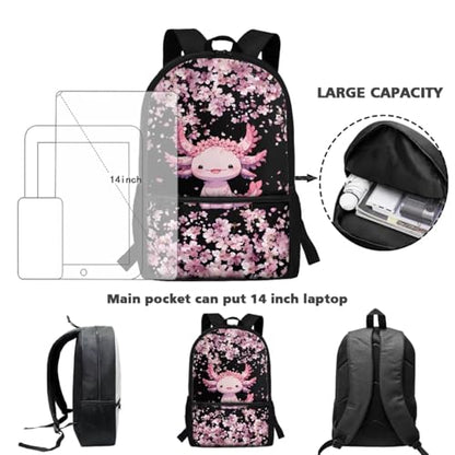 ZOUTAIRONG Casual Backpack and Small Water Bottle Cherry Blossom Axolotl School Bags for Girls 7-10/10-12/12-16, Large Capacity Lightweight Bookbag with Side Pockets - color: Cherry Blossom Axolotl