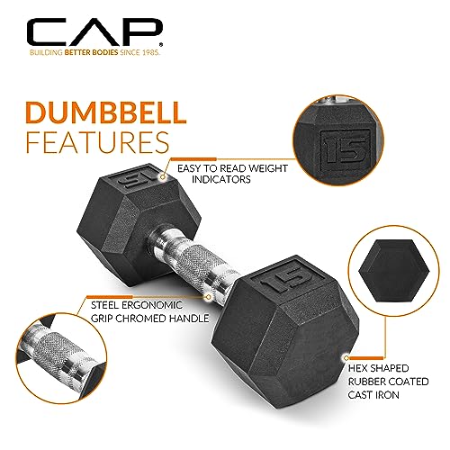 CAP Rubber Coated Hex Dumbbell Set with Storage Rack | 100–210 lb Options, Space-Saving Vertical Compact Storage for Home Gym Strength Training - size: 150 lb - Set, style: Chrome Handles