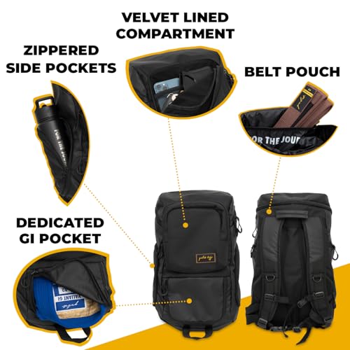 Gold BJJ Jiu Jitsu Backpack - Heavy Duty Gym Bag with Waterproof Gi Pocket - color: Black