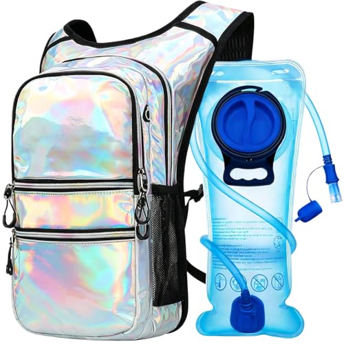 Mothybot Hydration Backpack Pack, Water Backpack 20L Capacities Included 2L Hydration Bladder, Festival Essential - Rave Hydration Pack Hydropack Hydro for Hiking, Festival Gear - color: Holographic Sliver Multi-color