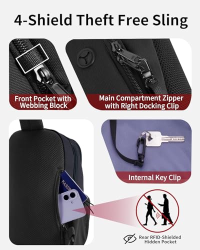 ECOHUB Anti-Theft Crossbody Bag Men Women, RFID Blocking Lightweight Sling Backpack Eco-Friendly with 9 Pockets Sturdy SBS Zippers Water Resistant for Travel Work Hiking Outdoor, Black - color: Black