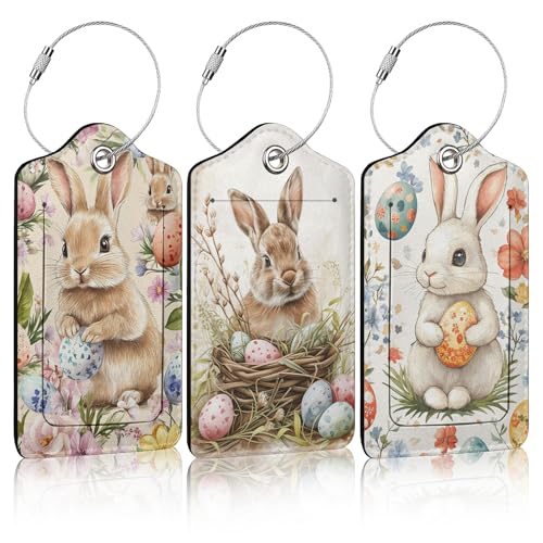 3 Pack Easter Bunny Eggs Luggage Tags for Suitcase Flowers PU Leather Travel Luggage Tag Privacy Cover ID Label for Women Men Baggage Backpack Handbag School Bag - color: Easter Bunny Eggs