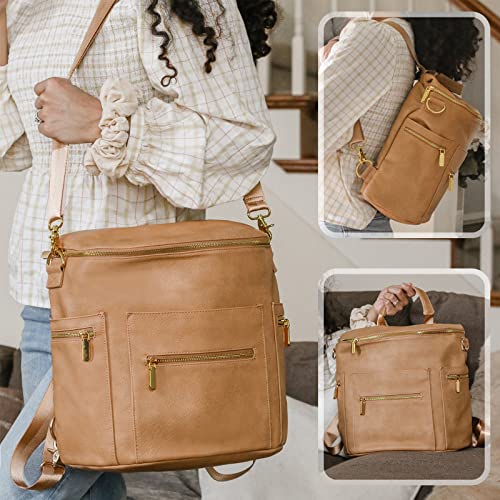 miss fong Diaper Bag Backpack Baby Diaper Bag, Large Leather Diaper Backpack with 16 Pockets Travel Diaper Bag with Diaper Changing Pad, Pañaleras Para Bebe for Moms(Convertible, Peanut) - color: Peanut