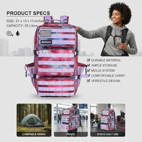 Military Tactical Backpack 55L for Men & Women Bug Out Bag Assault pack Molle Daypack Hiking Trekking Rucksack (Nebula camouflage) - color: Nebula Camouflage