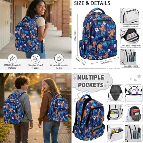 Talayituse Dinosaur Soccer Paw Print Backpack for Boys Elementary Middle High Schoolbag Bookbag with Lunch Box Pencil Case Water Bottle Sleeve 6 In 1 Rucksack for Back to School Supplies - color: Dinosaur Soccer Paw