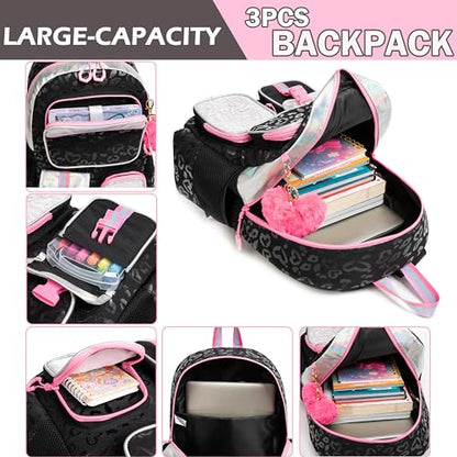 Meetbelify Aesthetic Backpack for Girls with Lunch Box - Elementary to Teen, Cute Bookbag for Kids 8-10 - color: 3pcs Black Love