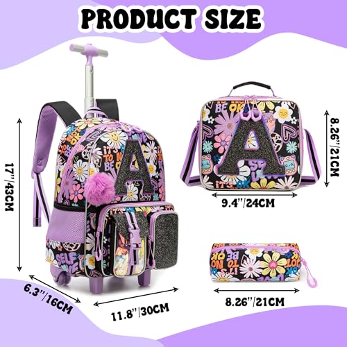 Meetbelify 3 in 1 Backpack with Wheels for Girls Rolling Letter Backpack Cute Carry on Backpack Kids Luggage with Lunch Box Pencil Case for Elementary Student - color: Flower