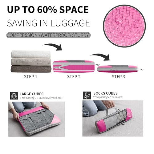 9-Set Packing Cubes with Hanging Bag | 9-Size Combination, Mesh Fabric & Reflective Stripe | Travel Luggage Organizers (Pink) - color: Pink