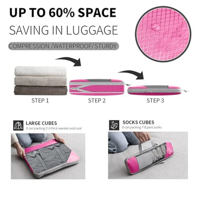 9-Set Packing Cubes with Hanging Bag | 9-Size Combination, Mesh Fabric & Reflective Stripe | Travel Luggage Organizers (Pink) - color: Pink