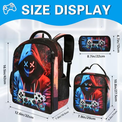 Boys Backpack with Lunch Box and Pencil Case, 3Pcs Gamer Backpack for Boys Teens, 17 Inch Large Capacity - color: GAME-LMWJ-10