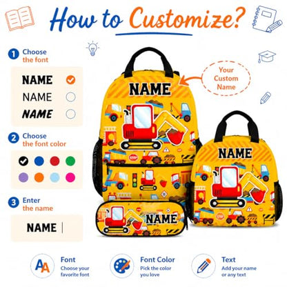 3PCS Personalized School Backpack for Boys Kids Toddlers Excavator Lovers; 17 Inch Kindergarten Construction School Bag with Lunch Box for Primary Students - color: Yellow