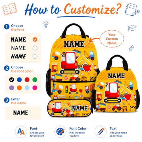 3PCS Personalized School Backpack for Boys Kids Toddlers Excavator Lovers; 17 Inch Kindergarten Construction School Bag with Lunch Box for Primary Students - color: Yellow