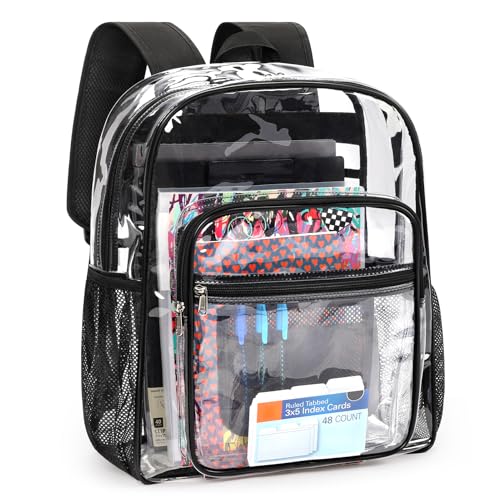 ZORFIN Clear Backpack Heavy Duty for School – 18in Transparent PVC Bag with Large Capacity & Reinforced Straps for Men, Women, Boys & Girls - See Through Bookbag for College Workplace Security, Black - color: Black, size: Large