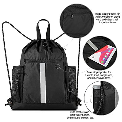 BeeGreen Drawstring Backpack Bag Sports Gym Backpack with Shoe Compartment and Two Water Bottle Holder for Men Women Large String Backpack Athletic Sackpack Workbag Black - color: Black, style: Drawstring With Shoe Compartment