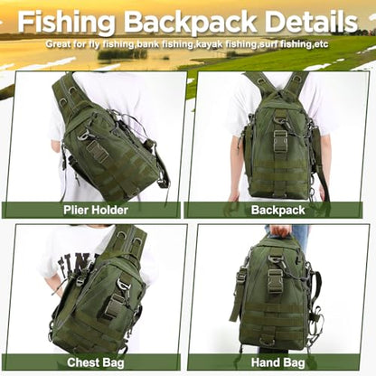 RoundFunny 85 Pcs Fishing Backpack with Tackle Boxes, Tackle Sling Bag with Rod Holder, Fish Lures and Pliers, Fish Tools Gears & Equipment Father's Day Fishing Gift for Dad Men - color: Army Green