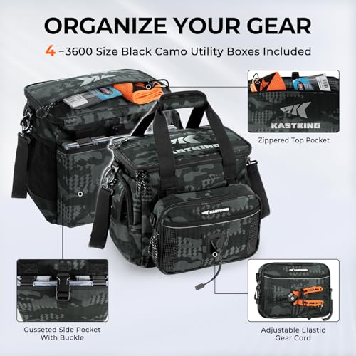 KastKing BaitSpace Fishing Tackle Bag With 4 Tackle Boxes & Removable Bait Binder, Water-Resistant Tackle Storage, Durable Fishing Gear, Adjustable Shoulder Strap - color: A: Black Camo, size: Medium - 4*3600 Trays