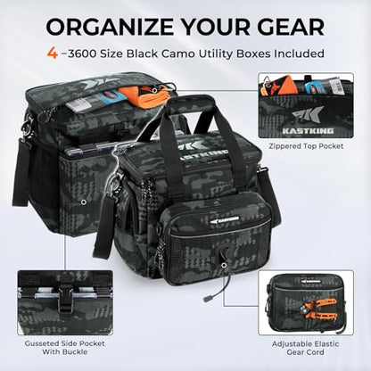 KastKing BaitSpace Fishing Tackle Bag With 4 Tackle Boxes & Removable Bait Binder, Water-Resistant Tackle Storage, Durable Fishing Gear, Adjustable Shoulder Strap - color: A: Black Camo, size: Medium - 4*3600 Trays