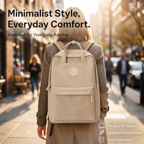 Minimalist Backpack for Women & Men, Lightweight Polyester Laptop Backpack 15 Inch, Casual Travel Daypack (Khaki) - color: Khaki