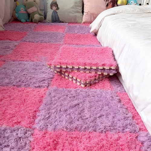 Thickened Plush Foam Interlocking Floor Carpet Mat,24 Piece 12x12in Fluffy Square Puzzle Foam Carpet Tiles with Edgings,Soft Anti-Slip Shaggy Area Rug Playmat(Color:Rose red+Purple) - color: Pink+purple