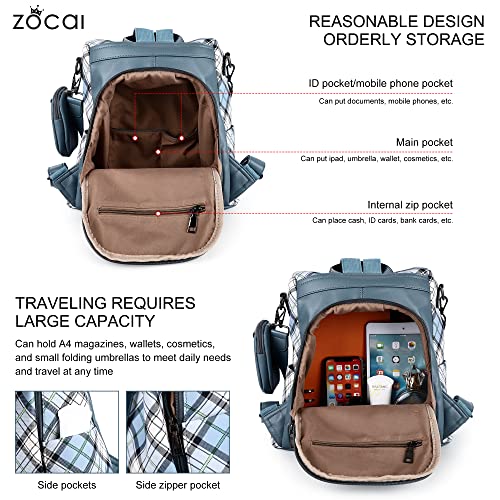 ZOCAI Backpack Purse for Women Fashion Backpack Purses PU Leather Daypacks Anti-Theft Shoulder Bag Satchel Purse - color: Blue/Blue