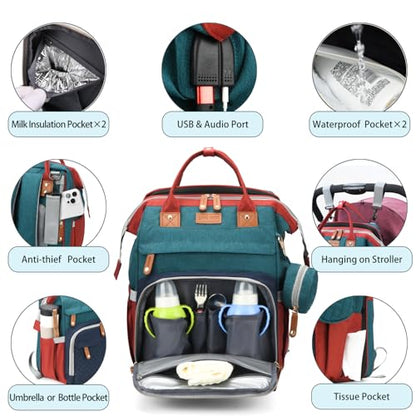 Diaper Bag Backpack with Changing Station, Waterproof for Travel, RGB - color: Green-blue-red