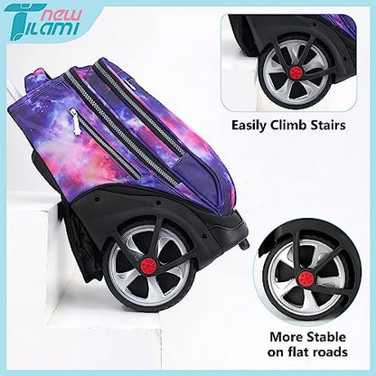 NEW TILAMI 19 inch Rolling Backpack Teens Rolling Backpack Cute Wheeled Laptop Backpack Bookbag Roller Travel Bag College, Starry Purple - color: Purple Starry