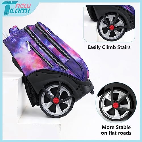 NEW TILAMI 19 Inch Rolling Backpack with Lunch Bag for Girls Boys Wheeled Laptop Backpack Durable Carry-on Bag School Travel, Purple Starry - color: Purple Starry