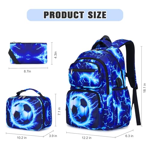 Bevalsa Backpack for Boys, Lightning School Bags with Lunch Bag & Pen Case for Kids, Bookbag for Boys Teens Elementary Middle High School - color: Blue Football