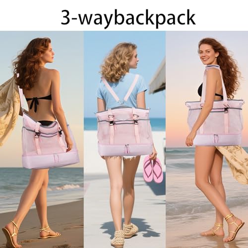 Mesh Beach Bag with Cooler Large Travel Family Vacation Essentials Pool Swimming Zipper Pocket Durable 9 Pockets - color: Pink