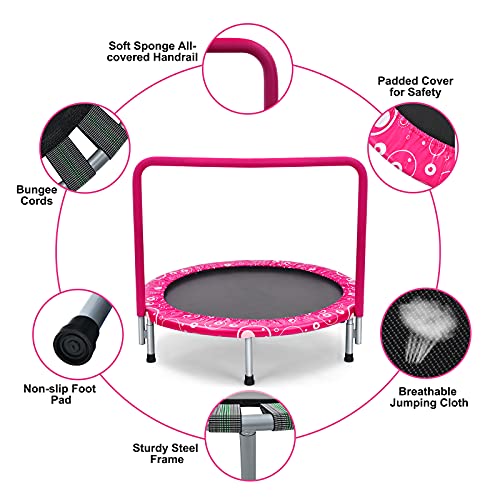 Giantex 36-Inch Mini Trampoline for Kids, ASTM Approved Foldable Rebounder Trampoline with Foamed Handle, Max Loaded 330 lbs, Indoor Safety Padded Fitness Trampoline - color: Pink