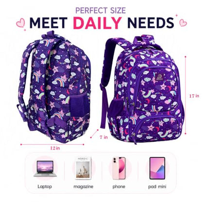 MYGOO Girls School Backpack Doubleday Dream Purple Bookbag for Elementary Middle School Ages 5-12, 17 inch Large Capacity 24L Kids Student Travel Bags - color: Doubleday Dream Purple