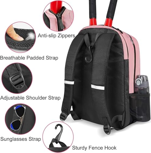 Ytonet Tennis Bag Tennis Backpack for Women Men 2 Rackets with Insulated Pocket Ventilated Shoe Compartment - color: Pink