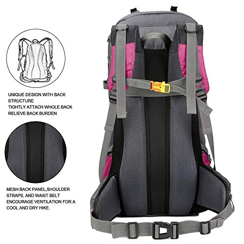 Bseash 60L Waterproof Hiking Camping Backpack with Rain Cover, Large Outdoor Sport Travel Daypack Rucksack for Climbing - color: Rose Red