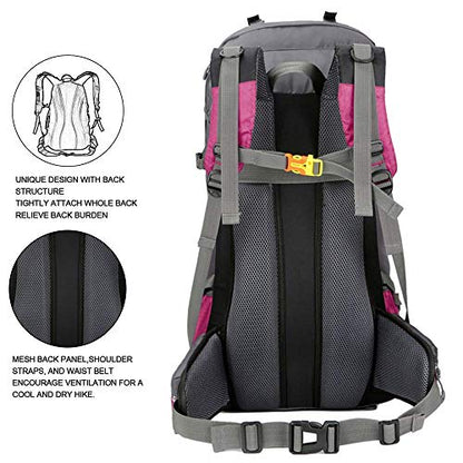 Bseash 60L Waterproof Hiking Camping Backpack with Rain Cover, Large Outdoor Sport Travel Daypack Rucksack for Climbing - color: Rose Red