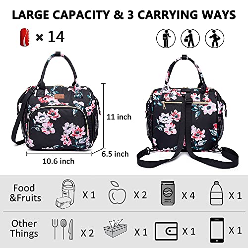 MCBD Lunch bags Insulated Lunch Box for Women,3 Carrying Way Large Tote Bag,Leakproof Reusable Cooler Backpack with Adjustable Shoulder Strap for Office Picnic Beach - color: A-Black Flower