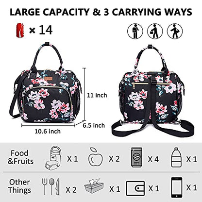 MCBD Lunch bags Insulated Lunch Box for Women,3 Carrying Way Large Tote Bag,Leakproof Reusable Cooler Backpack with Adjustable Shoulder Strap for Office Picnic Beach - color: A-Black Flower