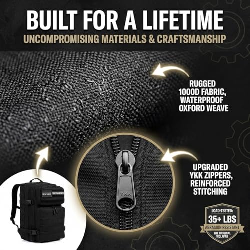 WOLFpak 35L Tactical Gym Backpack (Alpha Black) Durable 1000D Waterproof Oxford Material with MOLLE Webbing, Laptop Pocket & Dual Cup Holders, Durable Fitness/Travel/Military Daypack - color: Alpha Black