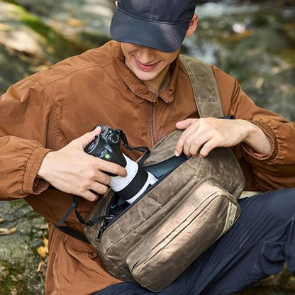 Padwa Lifestyle Dark Brown Crossbody Camera Bag - Waxed Memory Canvas Compact Camera Sling and Crossbody Bag with Fast Access,Versatile Lightweight Everyday Bag for Photographers Travel,Photography - color: Dark Brown
