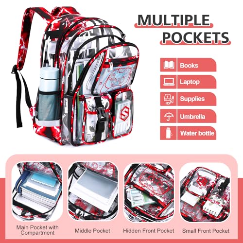 DIGOBAY 3PCS Cool Luminous Clear Backpack for Boys Kids, Gamer Clear Bookbag for School, See Through PVC Transparent Backpacks with Lunch Bag Pencil Case, Backpack Heavy Duty for School Stadium - color: Red Lightning