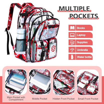 DIGOBAY 3PCS Cool Luminous Clear Backpack for Boys Kids, Gamer Clear Bookbag for School, See Through PVC Transparent Backpacks with Lunch Bag Pencil Case, Backpack Heavy Duty for School Stadium - color: Red Lightning