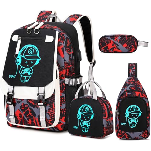 Bevalsa Backpack for Boys, Cool Luminous Boys Backpack with Sling Bag, Lunch Box & Pen Case, School Bags for Kids Children Teens Elementary Middle Schools, Bookbag Glow In The Dark (Red) - color: Red
