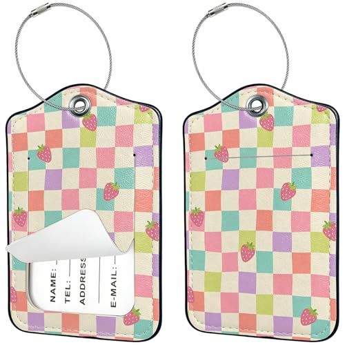 2 PCS Luggage Tags for Suitcases,Cute Strawberry Checkerboard PU Leather Name Tag with Privacy Cover&ID Label Address Card and Durable Metal Ring Suitable for Men Women Travel Bag - color: Strawberry Checker