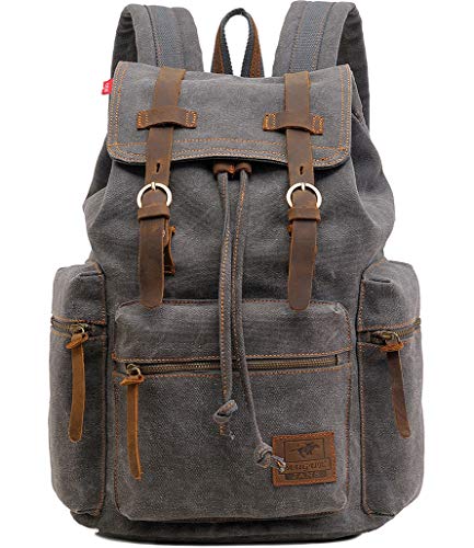 HuaChen Vintage Canvas Travel Backpack with Leather Trim, Laptop Padded Sleeve, Hidden Back Security Pocket, Fits 14-Inch, M32 Gray - color: Gray, size: Medium