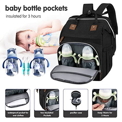 DERJUNSTAR Baby Diaper Bag Backpack with Changing Station, Large Capacity Baby Diaper Bags for Boys Girls, Waterproof Changing Pad, USB Charging Port, Pacifier Case, Sunshade and Toy Bar - color: Diamond Black