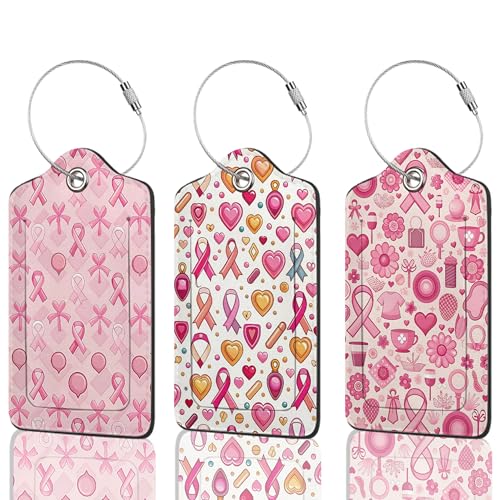 Breast Cancer Awareness Luggage Tag, 3 Pack Luggage Tags for Suitcases, Cute Suitcase Tags Identifiers Bag Tags with Privacy Flap, Baggage Name Tag for Women Men Luggage Backpack School Bag - color: Breast Cancer Awareness