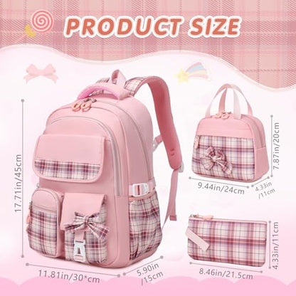 GeeWin School Backpack for Girls, Bookbags Back Pack School Bag for Teen Girl Elementary Middle School Student, Cute Stylish Plaid Girls Backpack with Matching Insulated Lunch Bag & Pencil Bag(Pink) - color: Pink