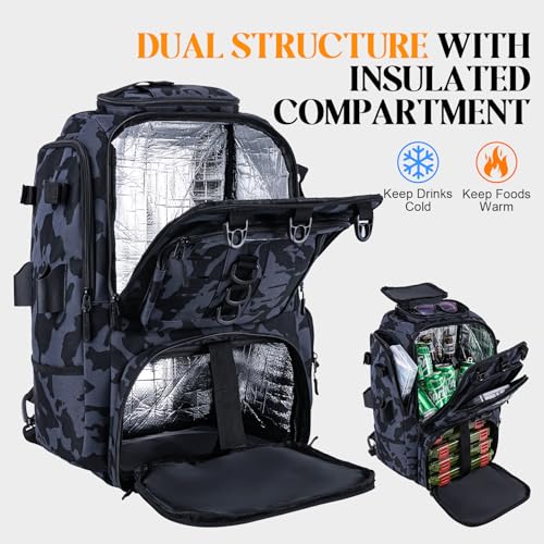 Goture 40L Fishing Tackle Backpack with Cooler and 2 3600 fishing tackle boxes, 900D Water-Resistant Tackle Backpack with Removable Bait Binder, 2 Rod Holders and Rain Cover,Camouflage backpack - color: Camouflage, size: C - Includes 2 3600 trays with han