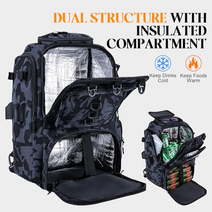 Goture 40L Fishing Tackle Backpack with Cooler and 2 3600 fishing tackle boxes, 900D Water-Resistant Tackle Backpack with Removable Bait Binder, 2 Rod Holders and Rain Cover,Camouflage backpack - color: Camouflage, size: C - Includes 2 3600 trays with han