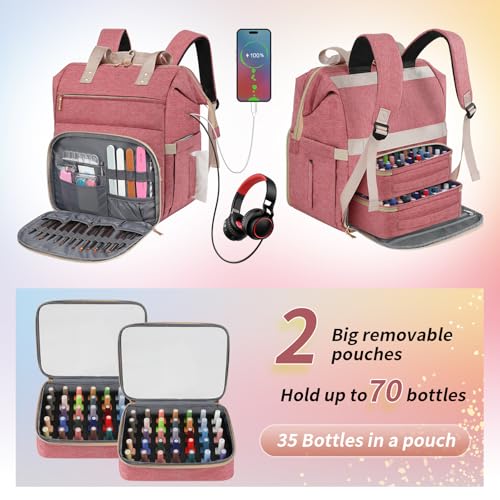 LTINVECK Nail Polish Organizer Case Backpack Holds 70 Bottles (15ml/0.5fl.oz)& Nail Lamp, 2 Layers Detachable Nail Kit Storage Case, Large Travel Nail Supplies Shoulder Bag for Manicure Tools (Pink) - color: Pink