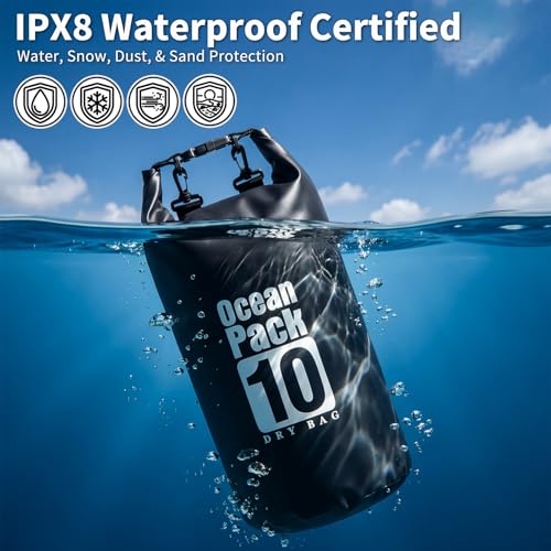 Waterproof Dry Bag 10L, Roll Top Closure Black Water Proof Backpack, Heavy Duty Hunting Backpack, Durable Floating Dry Bag for Kayaking Boating Hiking with 7" Black IPX8 Waterproof Phone Case - color: Black dry bag 10L + Phone pouch 7"